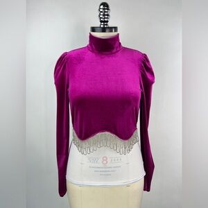 💚 2975. Velour Magenta Rhinestone Fringe Crop Top